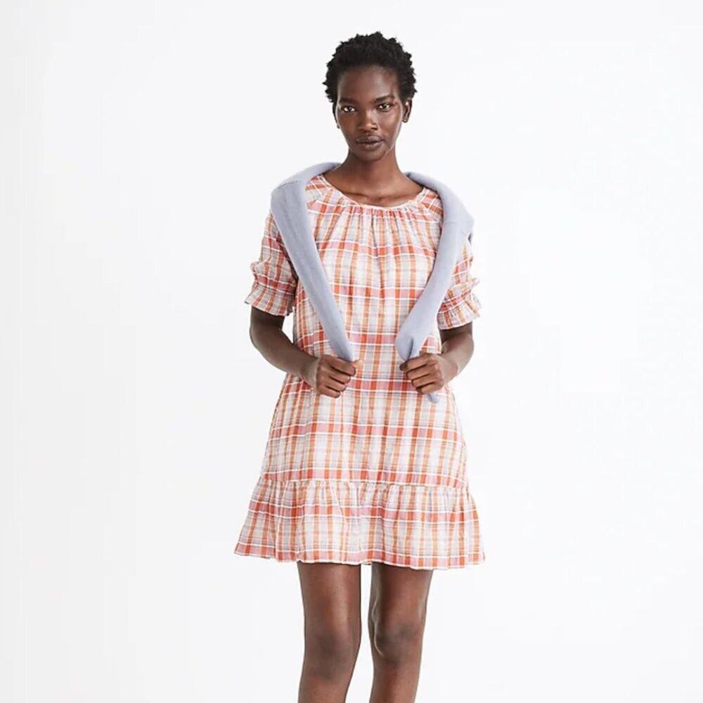 Madewell Plaid Ruffle-Sleeve Popover Mini Dress